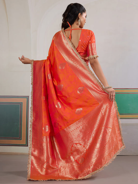 Kanjivaram Silk Saree in Orange-Red with Gold Zari Weave