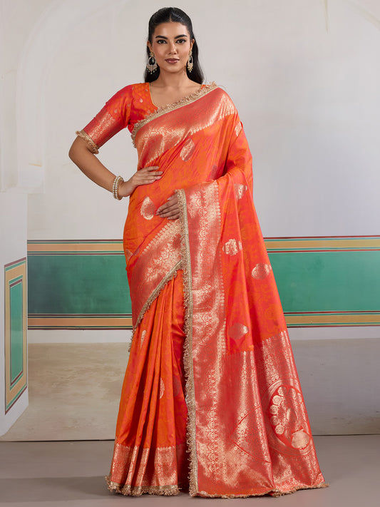 Kanjivaram Silk Saree in Orange-Red with Gold Zari Weave