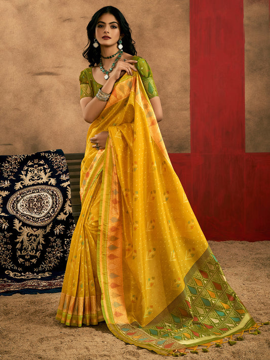 Yellow & Green Silk Blend Patola Style Saree
