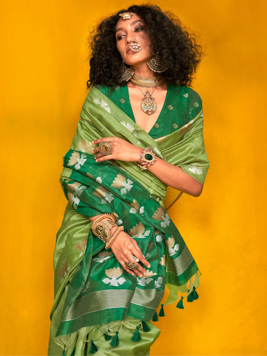 Emerald Green Silk Blend with Lotus Buti Saree