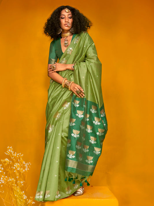 Emerald Green Silk Blend with Lotus Buti Saree