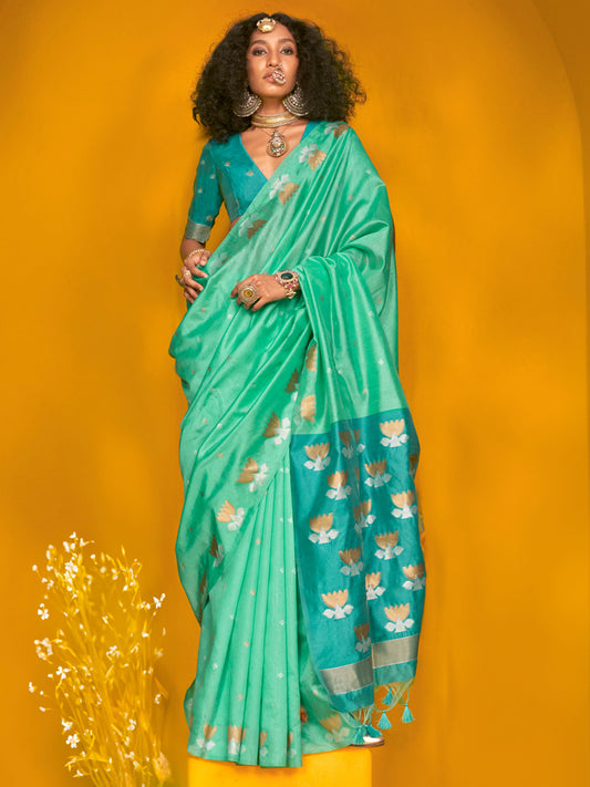 Sea Green Silk Blend With With Golden Zari Bitti Saree