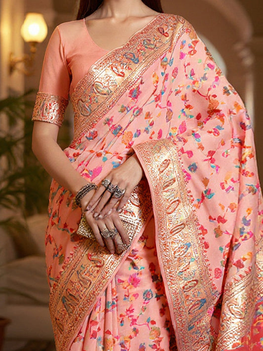 Peach Multicolor Kashmiri Silk Saree with Flower Motif