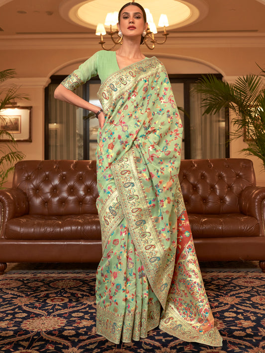 Green Kashmiri Silk Saree with Flower Motif