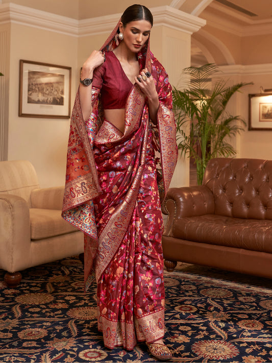 Maroon Kashmiri Silk Saree with Flower Motif