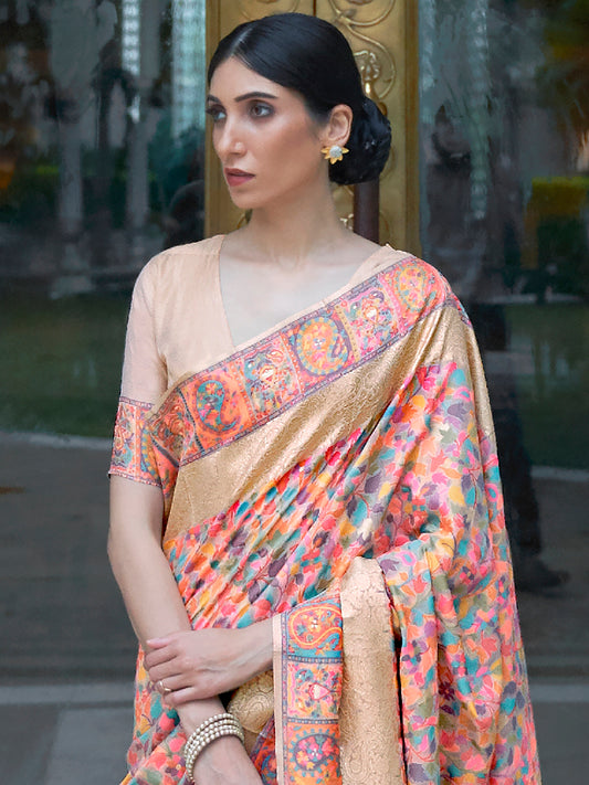 Ivory Base Kashmiri Silk Saree with Flower Motif