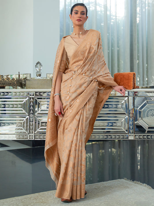 Off-White and Cream Banarasi Silk Blend Saree