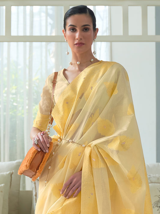 Yellow cotton Blend Zari Woven  Saree