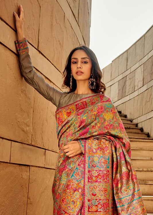 Grey & Multicolor Silk Blend Heritage Floral Saree