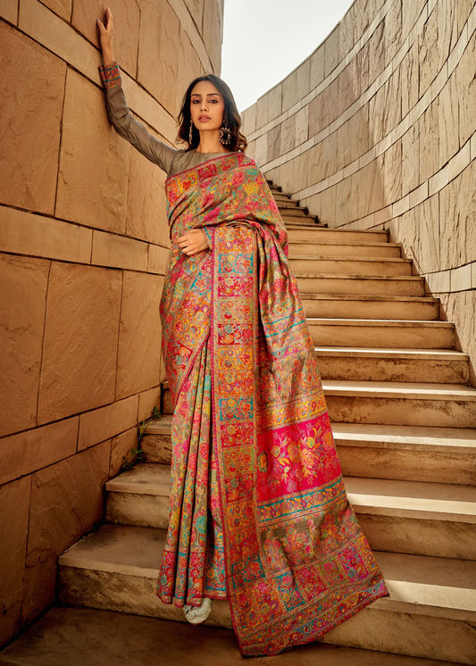 Grey & Multicolor Silk Blend Heritage Floral Saree