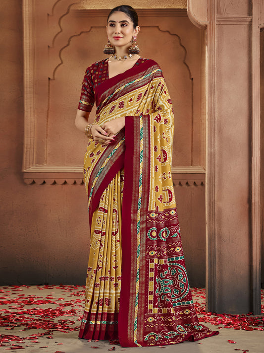 Patola Silk Saree in Yellow & Maroon with Ikat Weave