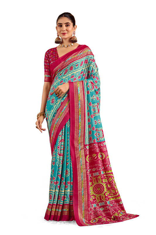 Patola Silk Saree in Sky Blue & Rani Pink | Ikat Weave with Zari Border