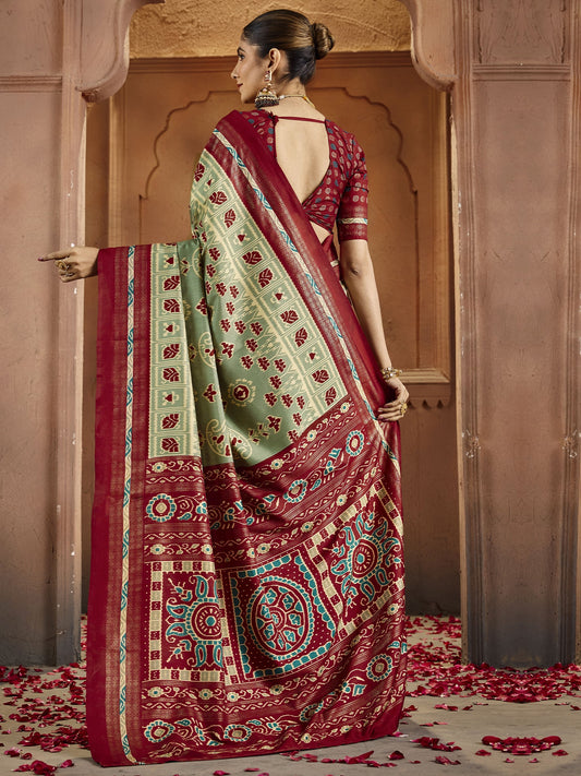Sage Green & Maroon Patola Silk Saree with Zari Border