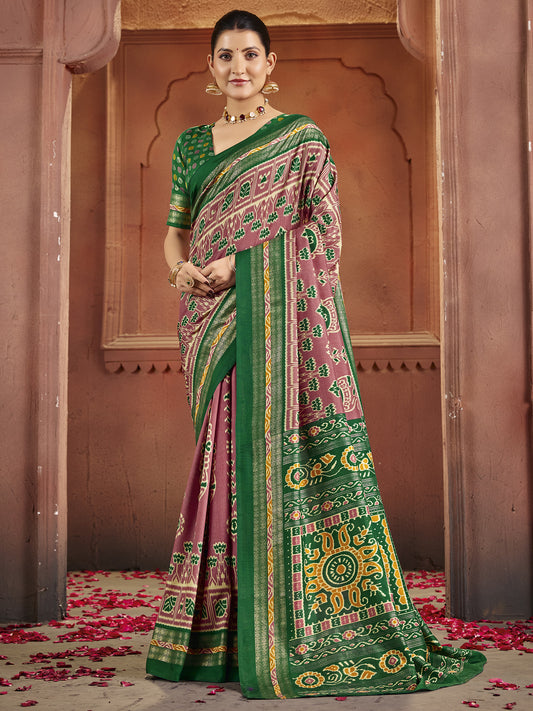 Pink & Green Patola Silk Saree with Zari Border |