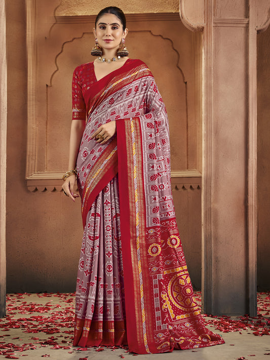 Patola Silk Saree | Grey & Red Ikat Weave with Zari Border