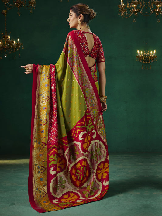 Mehndi Green & Maroon Patola Silk Saree with Ikat Weave