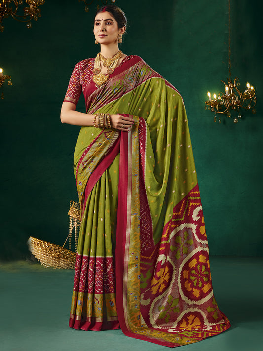 Mehndi Green & Maroon Patola Silk Saree with Ikat Weave