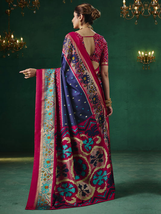 Navy Blue & Magenta Patola Silk Saree with Ikat Weave