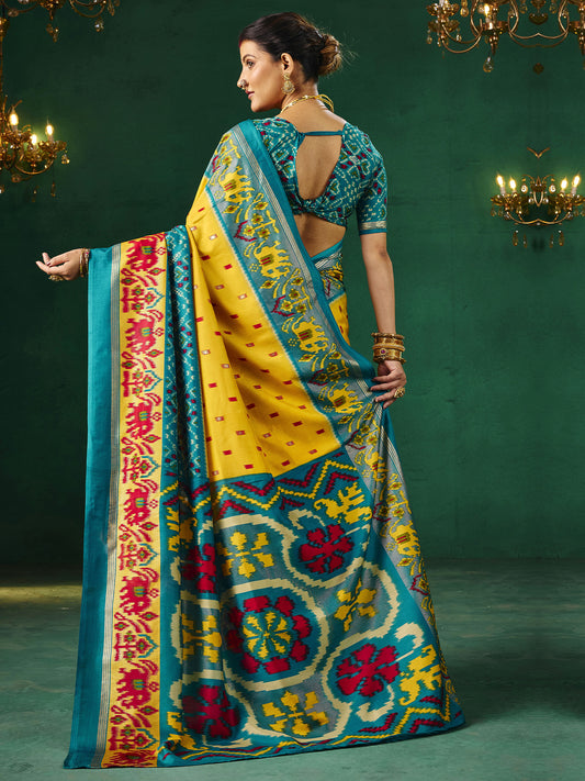 Yellow & Teal Patola Silk Saree with Ikat Weave