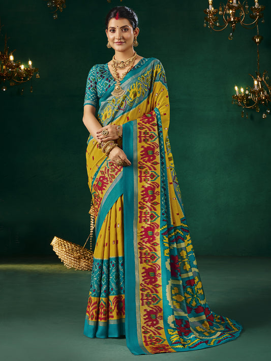 Yellow & Teal Patola Silk Saree with Ikat Weave
