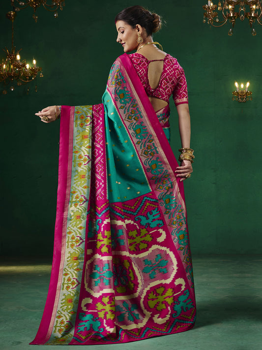Teal & Pink Patola Silk Saree with Ikat Weave & Zari Border