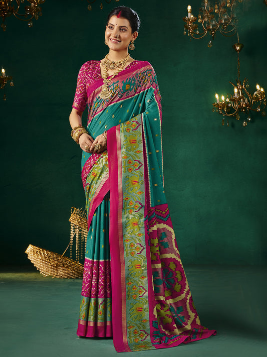 Teal & Pink Patola Silk Saree with Ikat Weave & Zari Border