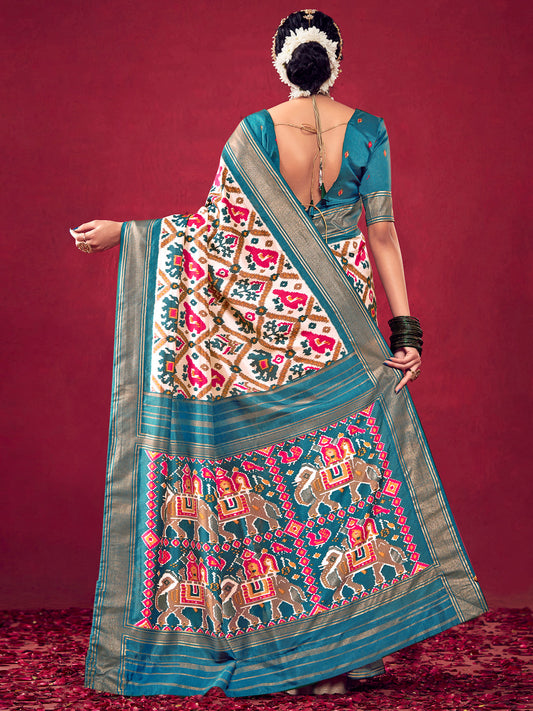 Off-White &amp; Teal Blue Patola Ikat Woven Silk Blend Saree