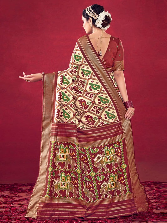 Patola Ikat Woven Silk Blend Heritage Elephant Motifs Saree