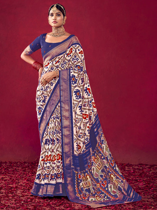 Patola Ikat Woven Silk Blend Heritage Elephant Motifs Saree