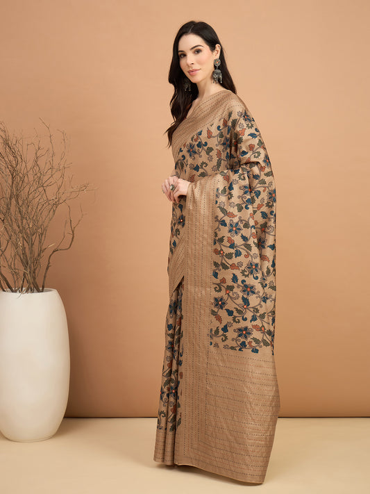 Beige Kalamkari Print Silk Blend Zari Border Saree