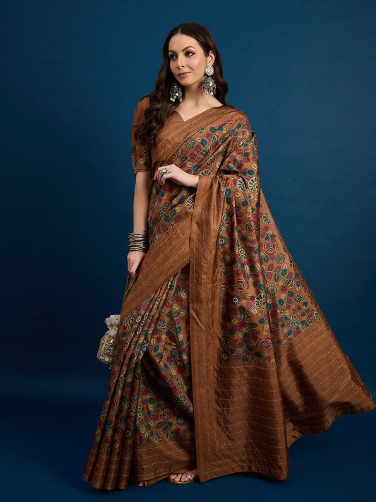 Brown Silk Blend Heritage Floral Print Zari Woven Border Saree