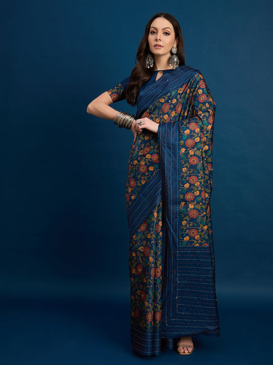 Deep Blue & Multi-Color Silk Blend Heritage Saree