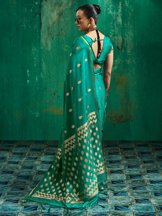 Sindura Teal Green Zari Butta Satin Silk Saree with Zari Border & Teal Green Blouse Piece