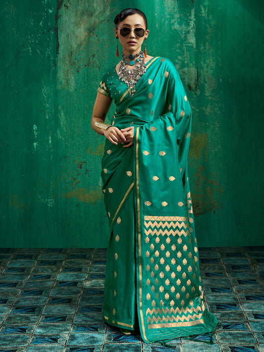 Sindura Teal Green Zari Butta Satin Silk Saree with Zari Border & Teal Green Blouse Piece