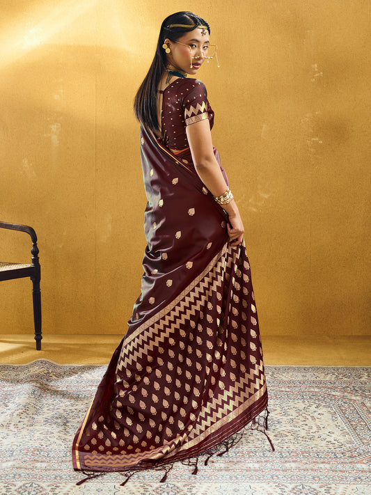 Kashvi Maroon Zari Butta Satin Silk Saree with Zari Border & Maroon Blouse Piece
