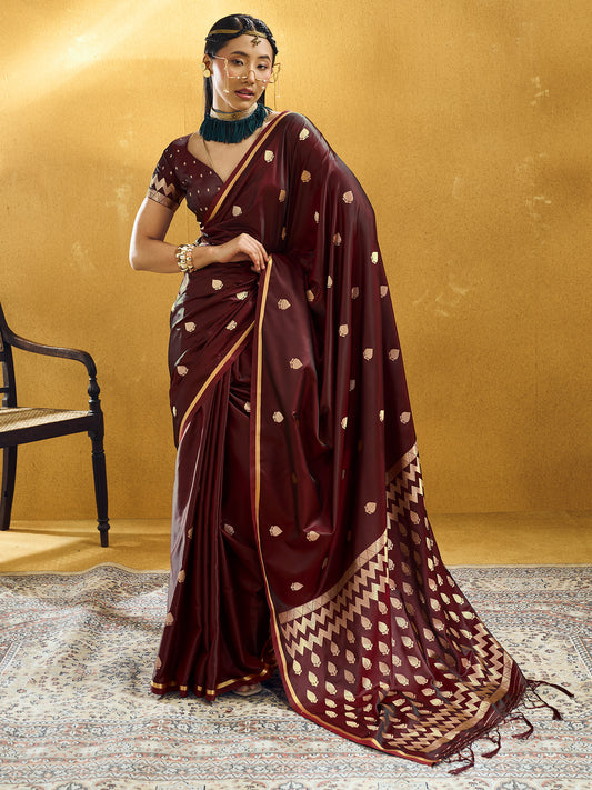 Kashvi Maroon Zari Butta Satin Silk Saree with Zari Border & Maroon Blouse Piece