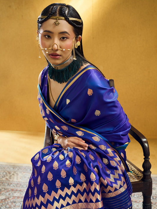 Sarayu Blue Zari Butta Satin Silk Saree with Zari Border & Blue Blouse Piece
