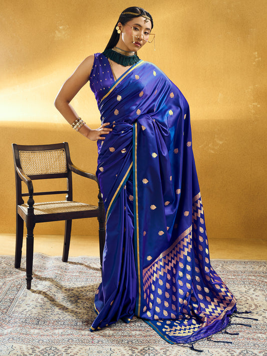 Sarayu Blue Zari Butta Satin Silk Saree with Zari Border & Blue Blouse Piece