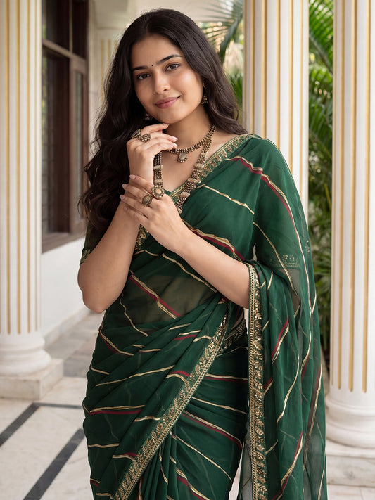 Bottle Green  Striped Georgette Saree
