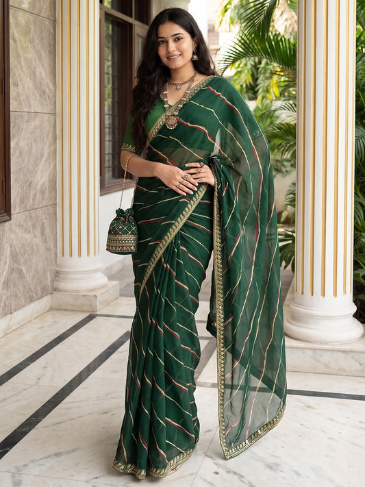 Bottle Green  Striped Georgette Saree