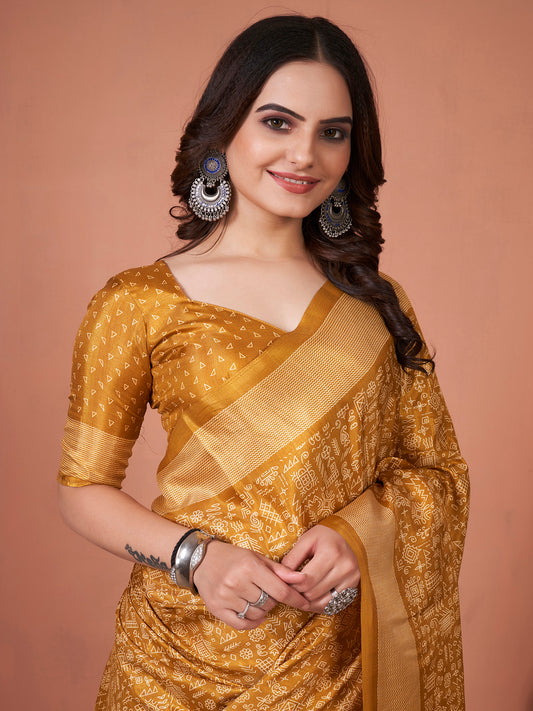 Mustard Gold Art Silk Blend  Ethnic Traditional Printed Saree