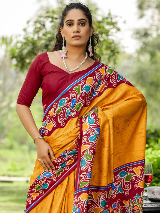 Mustard Yellow & Maroon Silk Blend Floral Border Printed Saree