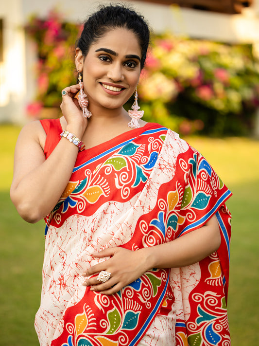 Off White & Orange Kalamkari Inspired Soft Crepe Multicolor Floral Border