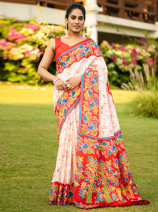 Off White & Orange Kalamkari Inspired Soft Crepe Multicolor Floral Border