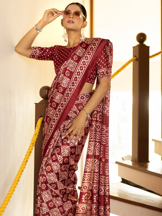 Maroon Silk Floral & Geometric Traditional Print
