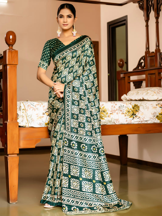 Dark Green Cotton Blend Floral & Geometric Print