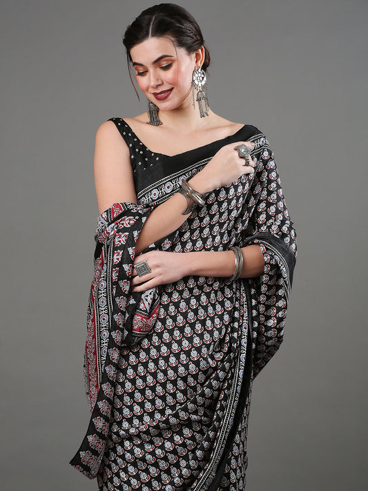 Black Bagh Block Print Cotton Saree