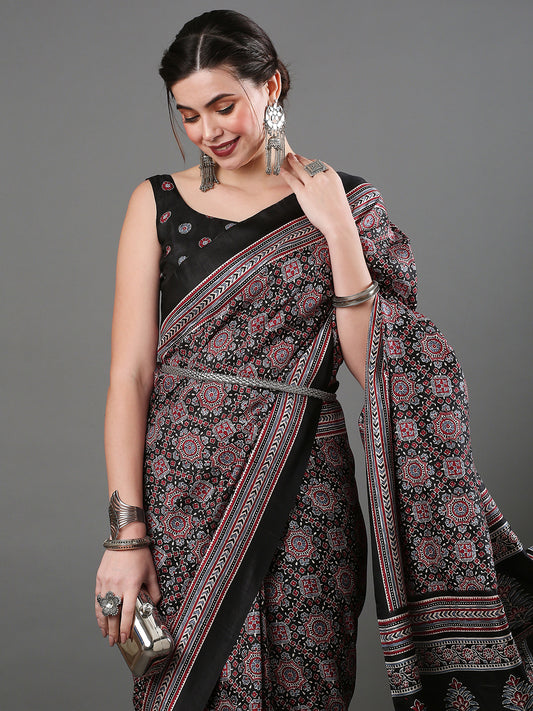 Black Crepe Ajrakh Block Printed Saree
