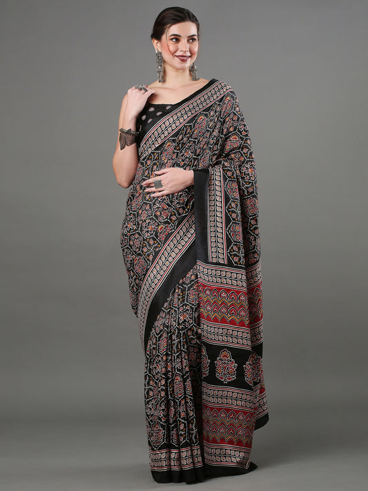 Black Dola Silk Ajrakh Block Printed Saree