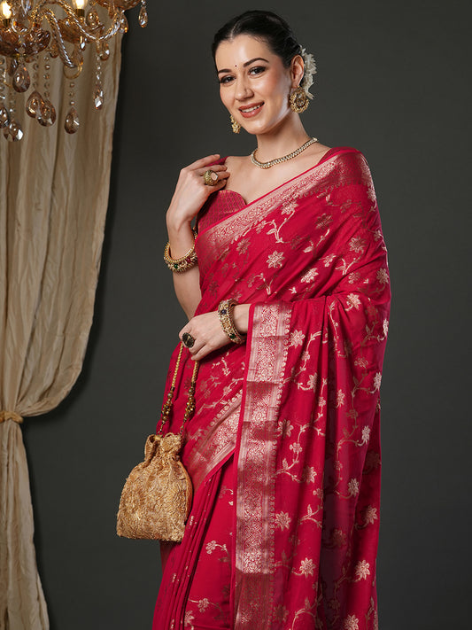 Woven Design Zari Red Georgette Banarasi Saree